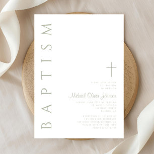 Elegant Script Sage Green Cross Baptism Invitation