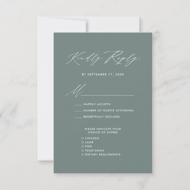 Elegant Script Sage Green Minimalist Wedding RSVP Card (Front)