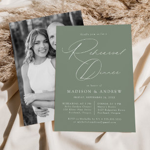 Elegant Script Sage Green Photo Rehearsal Dinner Invitation