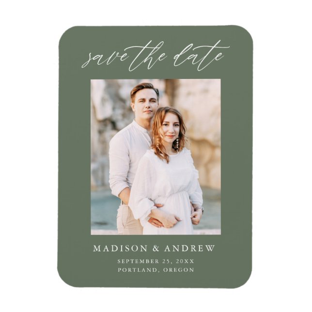 Elegant Script Sage Green Photo Save The Date Magnet (Vertical)