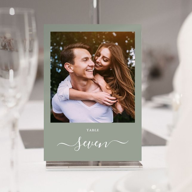 Elegant Script Sage Green Photo Table Number (Elegant Script Sage Green Photo Table Number)