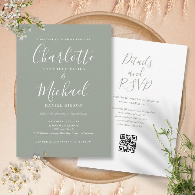 Elegant Script Sage Green Simple QR Code Wedding Invitation (Elegant Script Sage Green Siple QR Code Wedding Invitation)