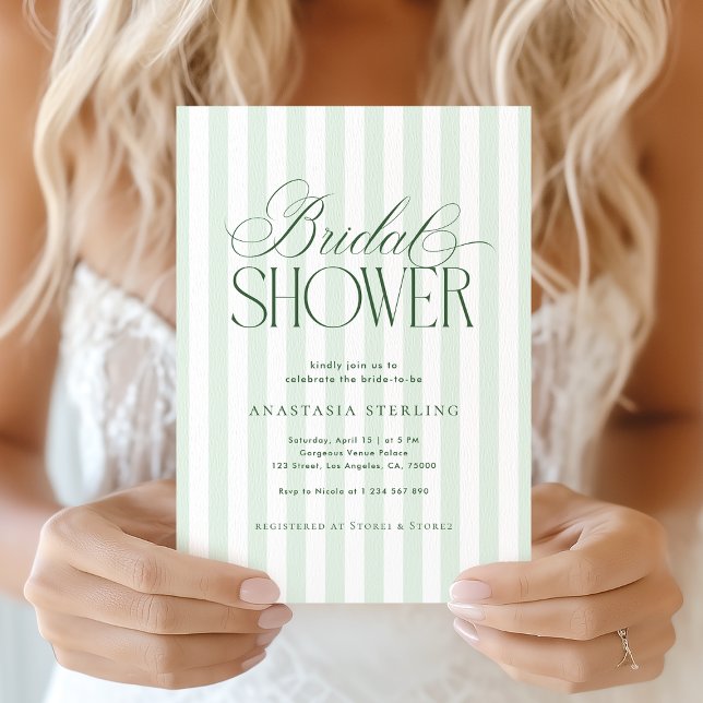 Elegant Script Sage Green Stripes Bridal Shower Invitation (Creator Uploaded)