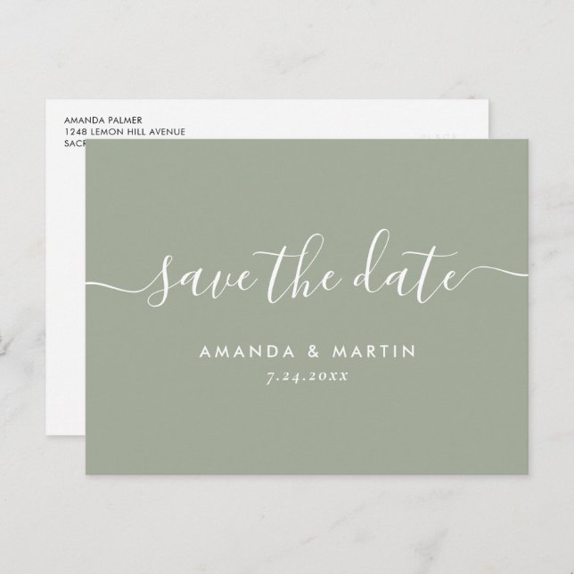 Elegant Script Sage Green Wedding Save The Date Announcement Postcard (Front/Back)