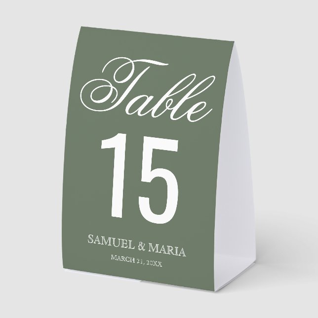 Elegant Script Sage Green Wedding Table Number (Front)