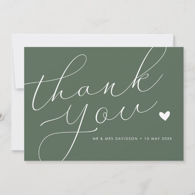 elegant script sage green wedding thank you card (Front)
