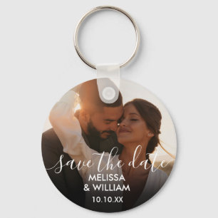 Elegant Script Save The Date Photo Key Ring