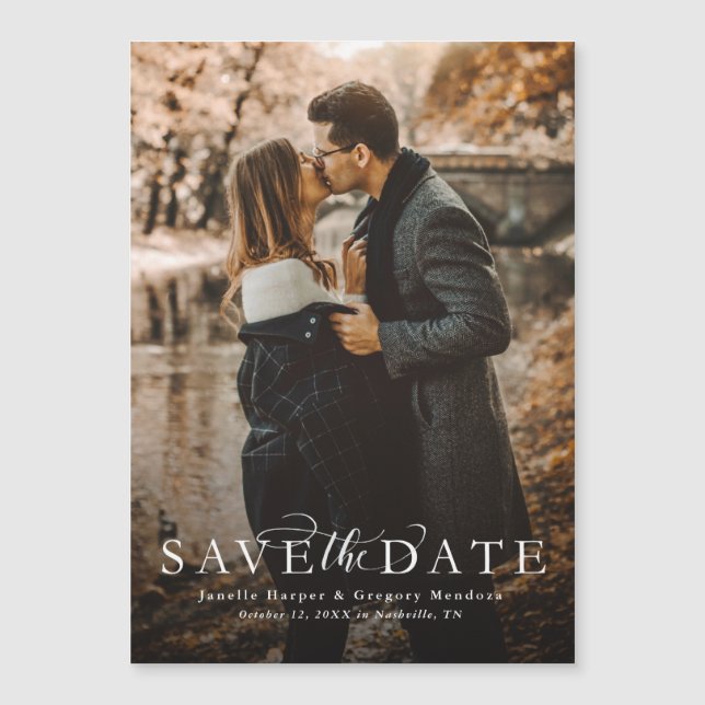 Elegant script save the date photo magnetic card (Front)