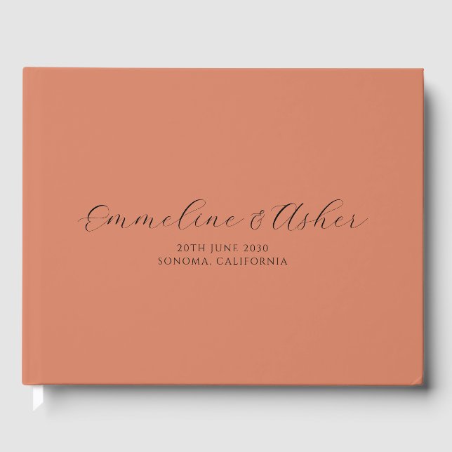 Elegant Script Serif Custom Terracotta Wedding Guest Book (Front)