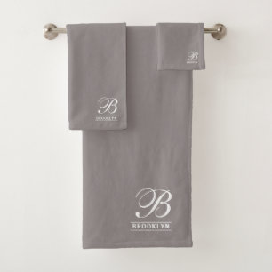 Elegant Script Serif Monogram Light Grey Bath Towel Set