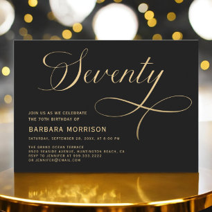Elegant Script Seventy Black Gold 70th Birthday Invitation
