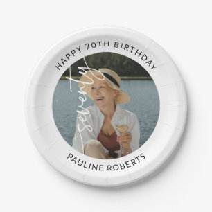 Elegant Script Seventy Photo 70th Birthday Paper Plate