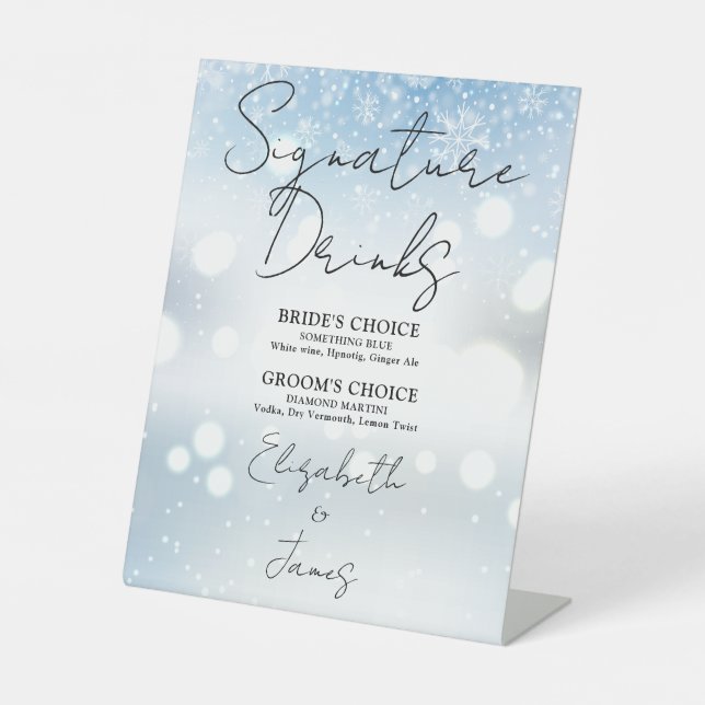 Elegant Script Signature Drinks Winter Snowflakes Pedestal Sign (Front)