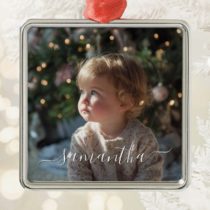 Elegant Script Signature Name Photo Metal Ornament