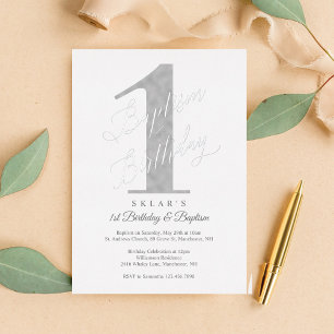 Elegant Script Silver Baby 1st Birthday & Baptism