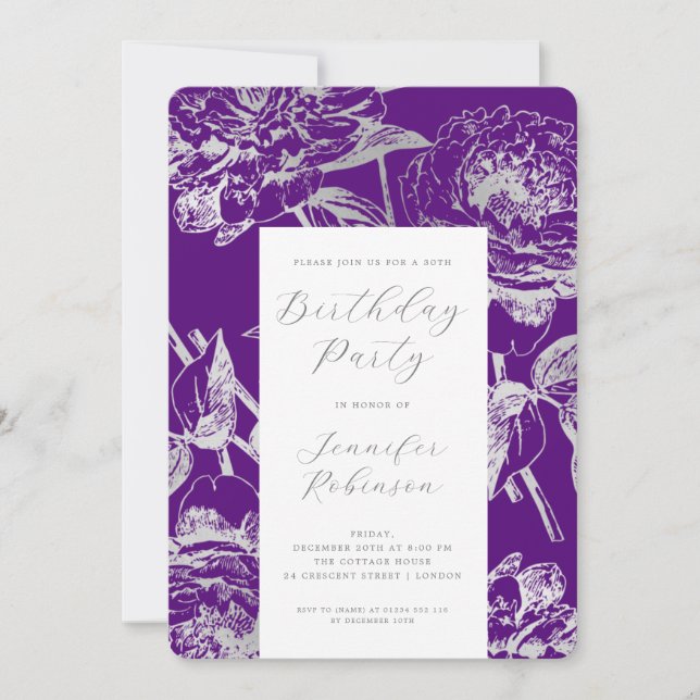 Elegant Script Silver Floral Birthday Party Purple Invitation (Front)