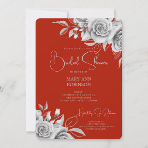 Elegant Script Silver Floral Bridal Shower Red  Invitation