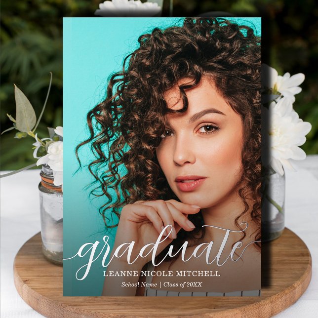 Elegant Script Silver Foil Photo Graduation (Elegant script real silver foil graduation announcements with your details on the back)