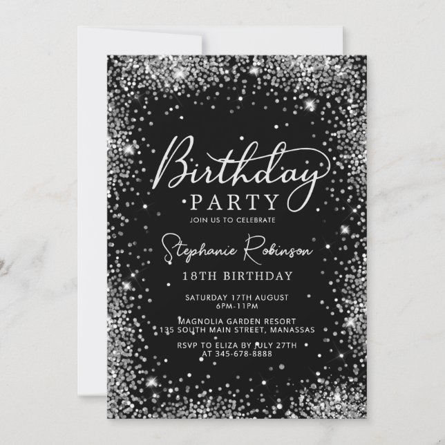 Elegant Script Silver Glitter Black 18th Birthday  Invitation (Front)