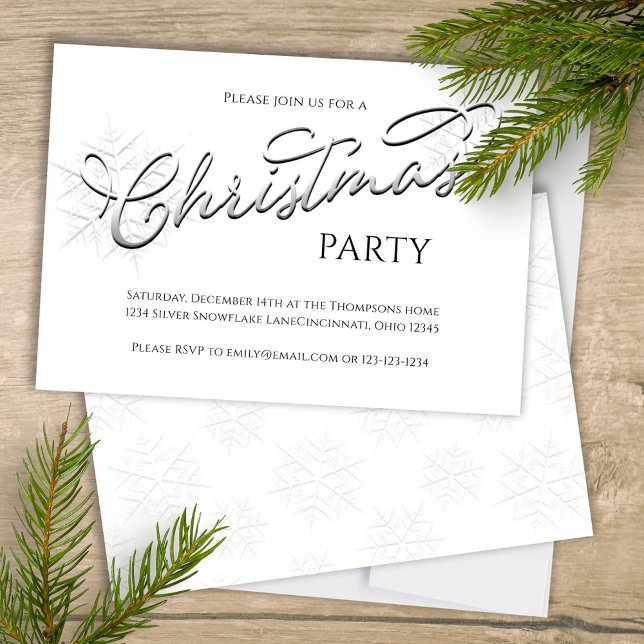 Elegant Script Silver Snowflake Christmas Party  Invitation (Silver snowflake Christmas holiday calligraphy script invitation. )