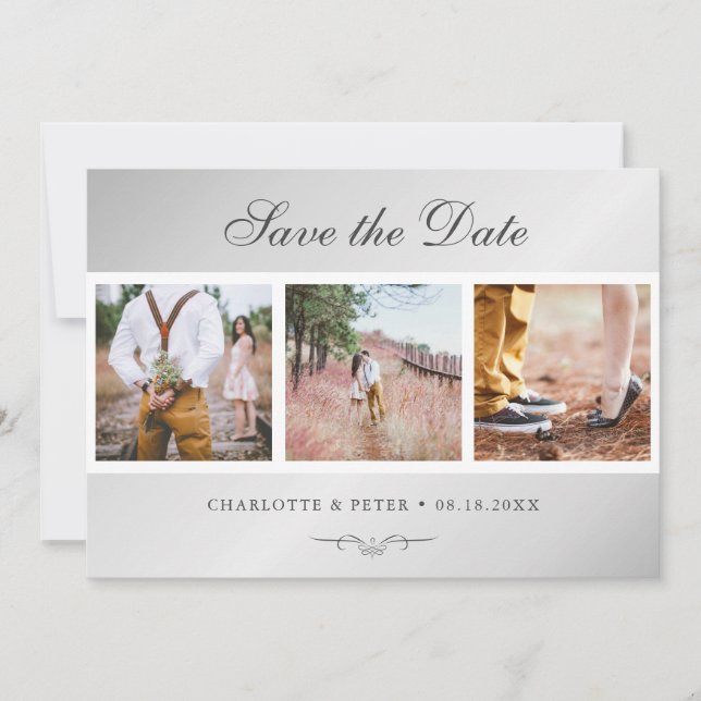 Elegant Script Silver Wedding 3 Photo Save The Date (Front)