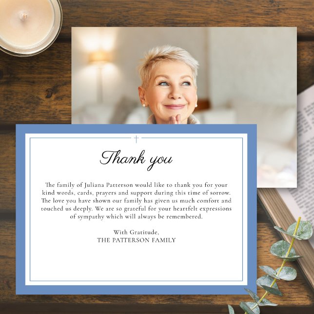 Elegant Script Simple Cross Custom Funeral Photo Thank You Card (Creator Uploaded)