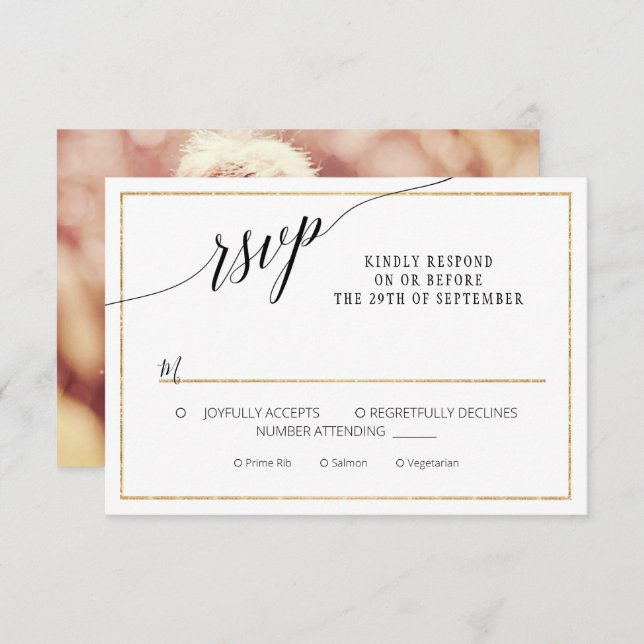 Elegant Script Simple Gold Minimal Wedding Photo RSVP Card (Front/Back)