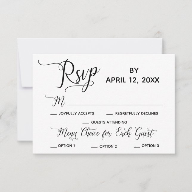 Elegant Script Simple Menu Options Wedding RSVP (Front)