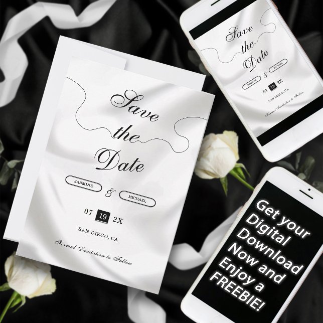 Elegant Script Simple Modern White Luxury Wedding Save The Date (Creator Uploaded)