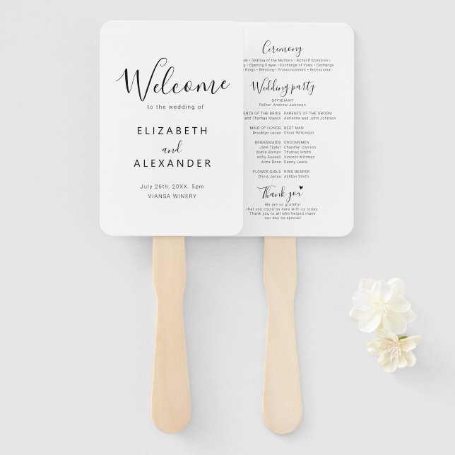 Elegant Script Simple Wedding Ceremony Program Hand Fan (Front and Back)