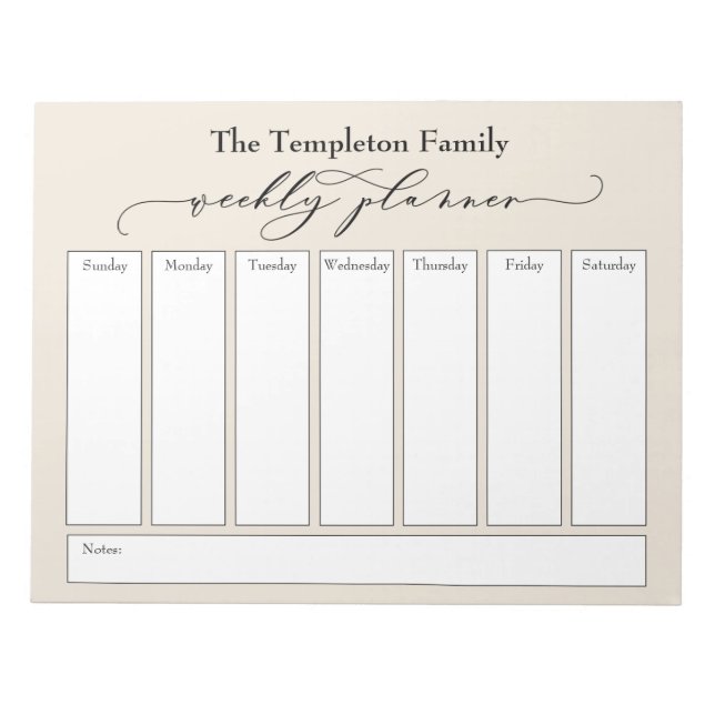 Elegant Script Simple Weekly Planner, Cream Notepad (Front)