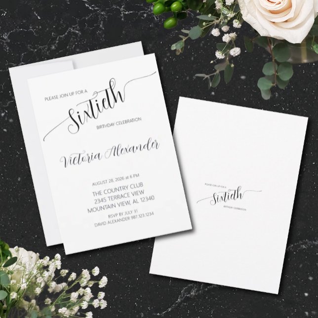 Elegant Script Sixtieth Birthday Celebration Invitation (Elegant Minimal Black White Birthday Invitation)