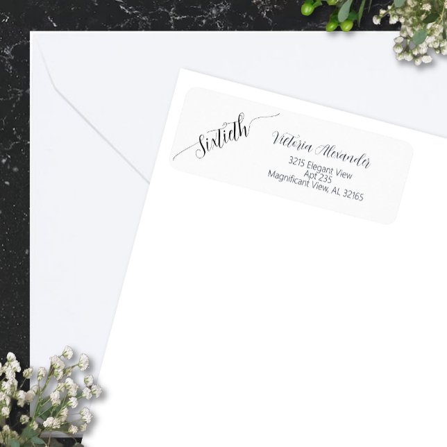 Elegant Script Sixtieth Birthday Celebration Return Address Label (Elegant  Minimal Black Script Sixtieth Birthday Return Label)