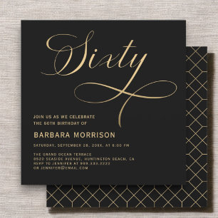 Elegant Script Sixty Black Gold 60th Birthday Invitation