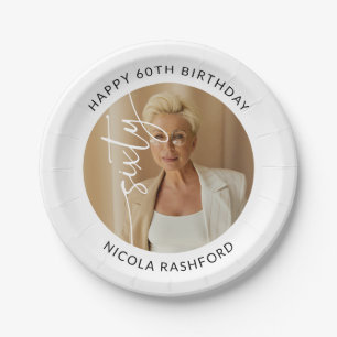Elegant Script Sixty Photo 60th Birthday Paper Plate