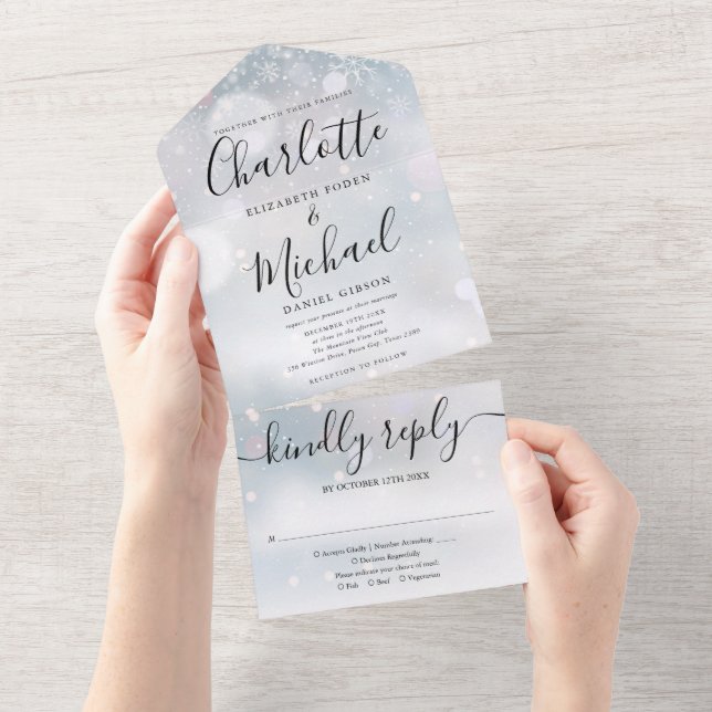 Elegant Script Snowflakes Winter Wedding All In One Invitation (Tearaway)