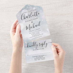 Elegant Script Snowflakes Winter Wedding All In One Invitation