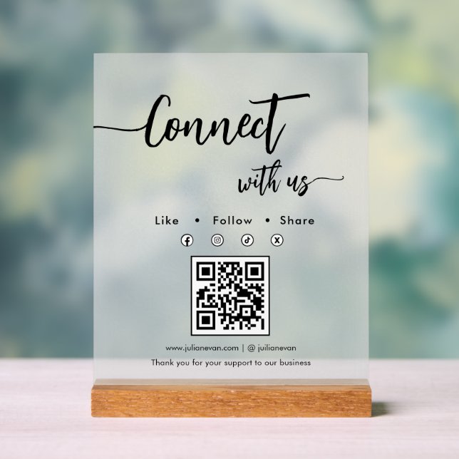 Elegant Script Social Media Single QR Code Acrylic Sign (Neutral)