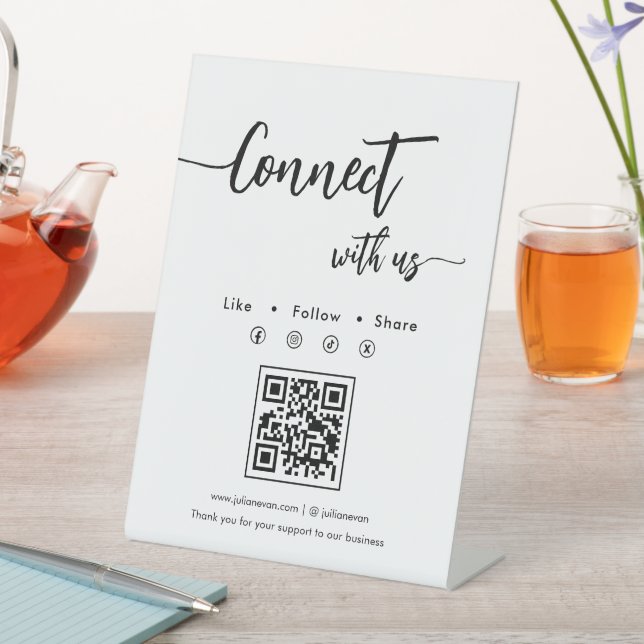 Elegant Script Social Media Single QR Code Pedestal Sign (In SItu)