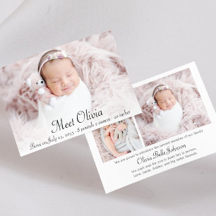 Elegant Script Stats Photo Collage Baby Girl Birth Announcement