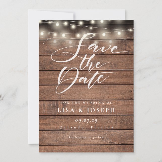 Elegant Script String Lights Rustic Wood Wedding Save The Date (Front)