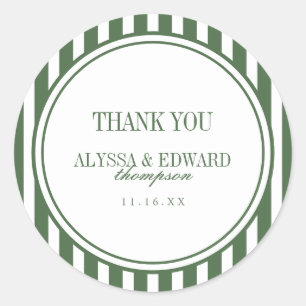 Elegant Script Striped Green Wedding Thank You Classic Round Sticker