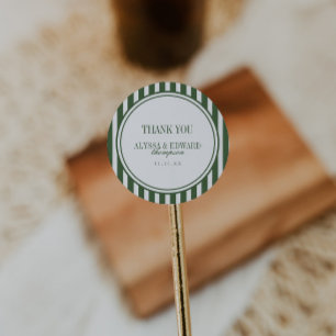 Elegant Script Striped Green Wedding Thank You Classic Round Sticker