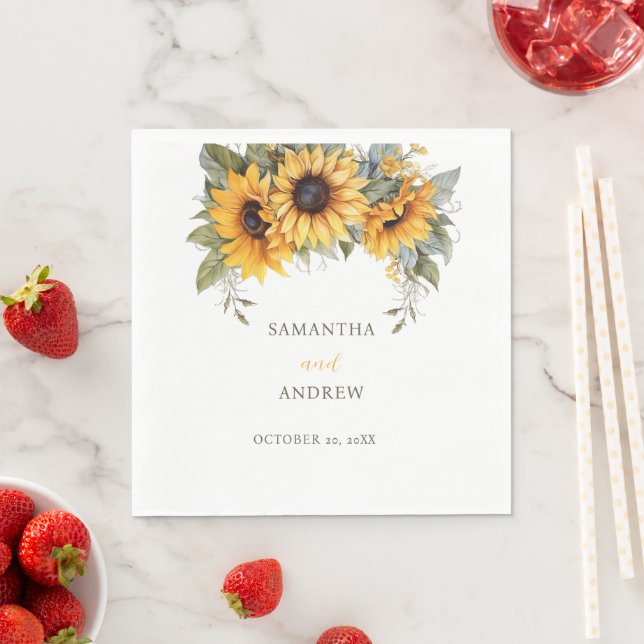 Elegant Script Sunflower Wedding Invitation Napkin (Insitu)