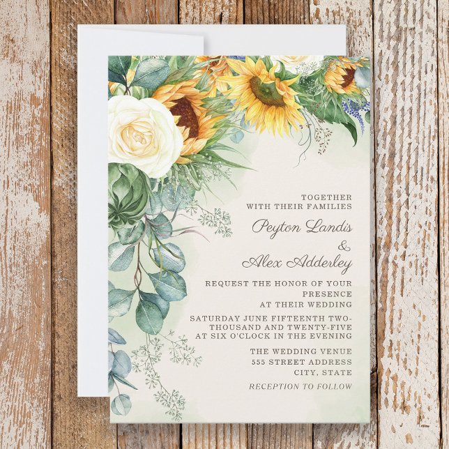 Elegant Script Sunflowers Eucalyptus Wedding  Invitation (Sunflowers and eucalyptus wedding invitation)