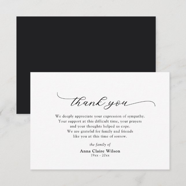 Elegant Script Sympathy Acknowledgement Thank You Card (Front/Back)