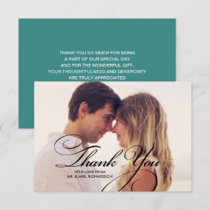 Elegant Script Teal Thank You Wedding Photo Card