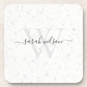 Elegant Script Terrazzo Stone Ivory Grey Monogram Coaster