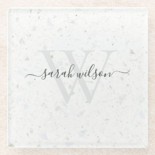 Elegant Script Terrazzo Stone Ivory Grey Monogram  Glass Coaster