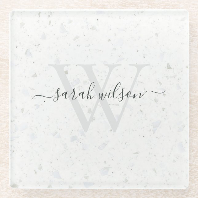 Elegant Script Terrazzo Stone Ivory Grey Monogram  Glass Coaster (Front)